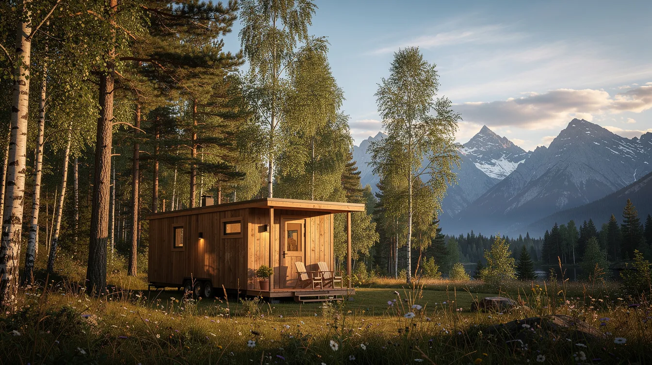 Cad19b8a35ea423bab304799356a8d05 A small wooden tiny house sits peacefully in a forest clearing surrounded by lush trees and with majestic mountains in the background This cozy retreat embodies the tiny house movement offering a unique lifestyle choice that emphasizes economical living and environmental friendliness