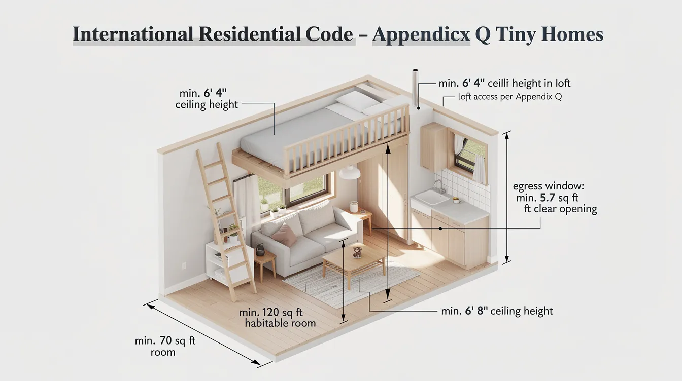 Cb97ce57e80f48629bea931232c3ae3a The image depicts a detailed document outlining the International Residential Code and Appendix Q which includes guidelines for tiny homes as permanent residences Key highlights include specifications for minimum ceiling heights room sizes and safety standards essential for tiny houses to be classified as legal dwellings
