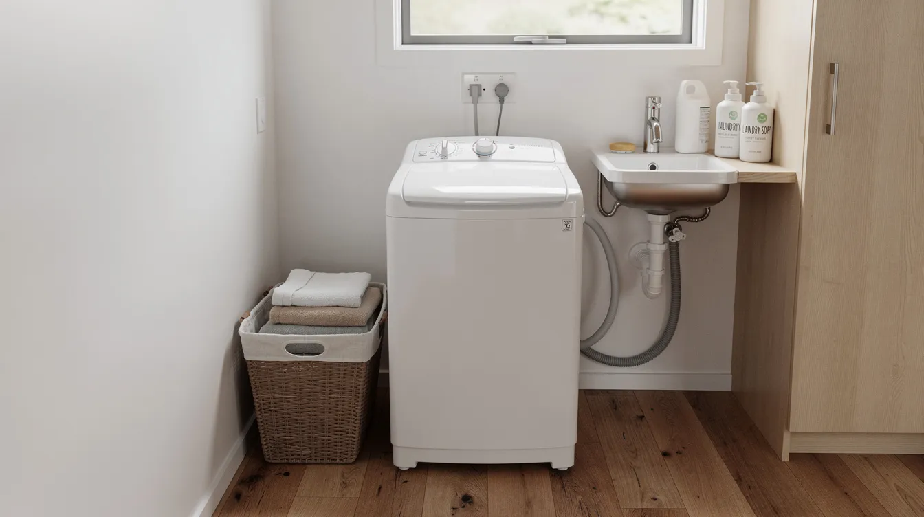 Cbe644df42b04563b9f4f83034e9bdb4 A compact portable washing machine is placed in a small laundry corner of a tiny house showcasing its automatic features and space saving design The machine is designed for efficient washing and is perfect for tiny homes offering a practical laundry alternative for those with limited space