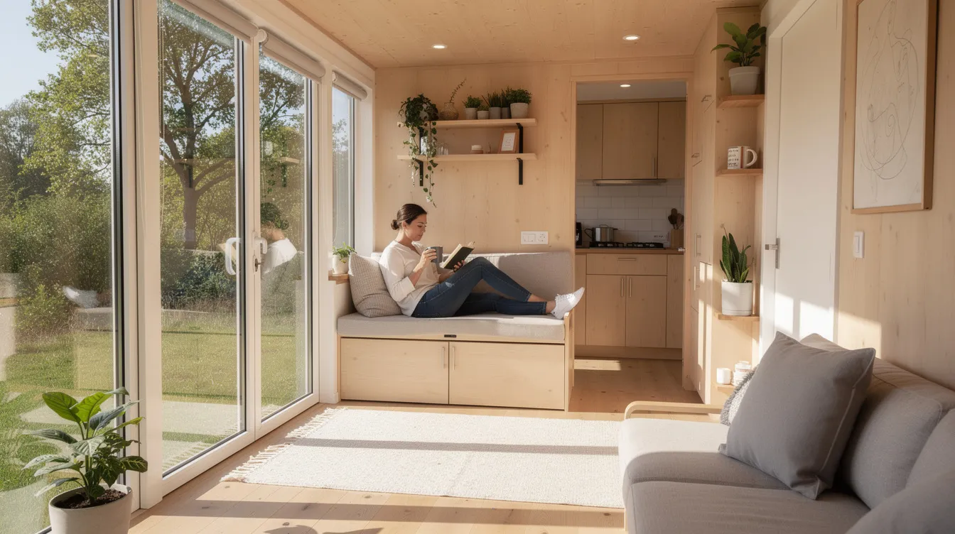 Cd38f5e6e4de4d55a891ef2f7f208a92 A person is relaxing in a bright compact tiny house featuring large windows that create an open feel in the living space The modern tiny living design showcases an efficient layout making the most of its small footprint while providing a cozy atmosphere