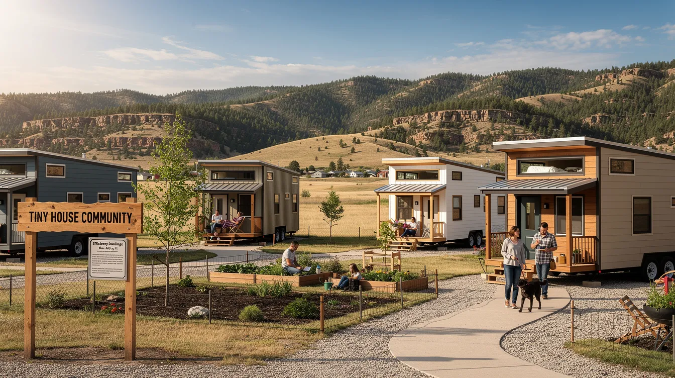 Cec47d4ac83746a8b2855997725970be The image depicts a welcoming tiny house community in South Dakota featuring several tiny homes nestled among trees showcasing thoughtful floor plans and outdoor spaces Residents enjoy a lifestyle that embraces low maintenance living with easy access to the natural beauty of the Black Hills region