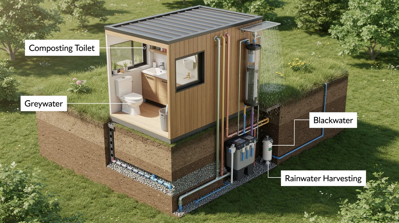 Cf583cd71f2143f182e6197c93a11d9a The image depicts various waste management options for tiny houses including a composting toilet a grey water system for bathroom sinks and showers and a compost bin for solid waste Many tiny house owners opt for these eco friendly solutions to live off grid while minimizing their environmental impact