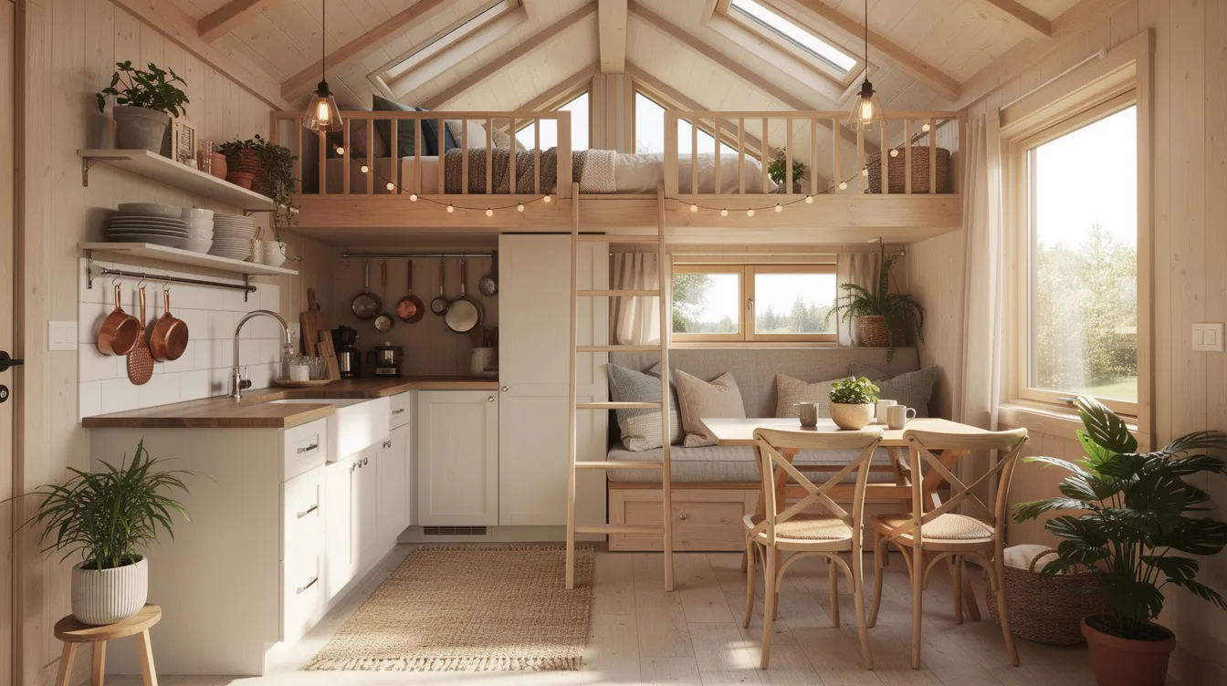 D08106633b5949b498d2d2097479e245 The image depicts a cozy tiny house interior filled with natural light showcasing a compact kitchen and a sleeping loft above This small space emphasizes efficient storage solutions and a warm inviting atmosphere ideal for living small and enjoying quality time with loved ones