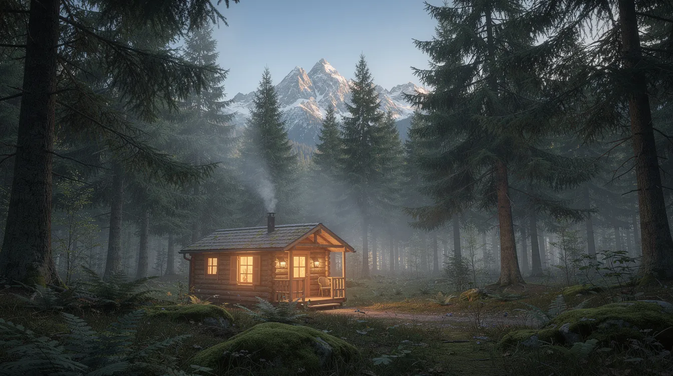 D0b20d6b9a71402c90e1f3f193729445 A cozy tiny cabin is nestled among tall evergreen trees with majestic mountain peaks rising in the background embodying the essence of tiny tranquility found in Oregon's tiny house communities. This serene setting highlights the beauty of nature and community living, perfect for those seeking affordable housing options.