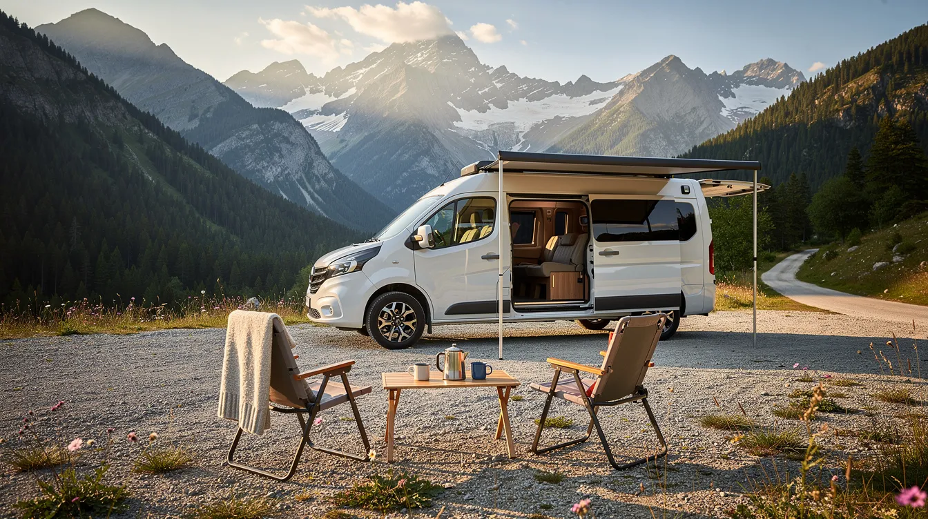 D0de90d2b1ca4ee3ba3f346c0032c10c A modern camper van is parked in a picturesque mountain setting accompanied by outdoor seating that invites quality time with loved ones This scene exemplifies the joys of living small and the downsizing process showcasing a practical lifestyle that embraces the beauty of nature