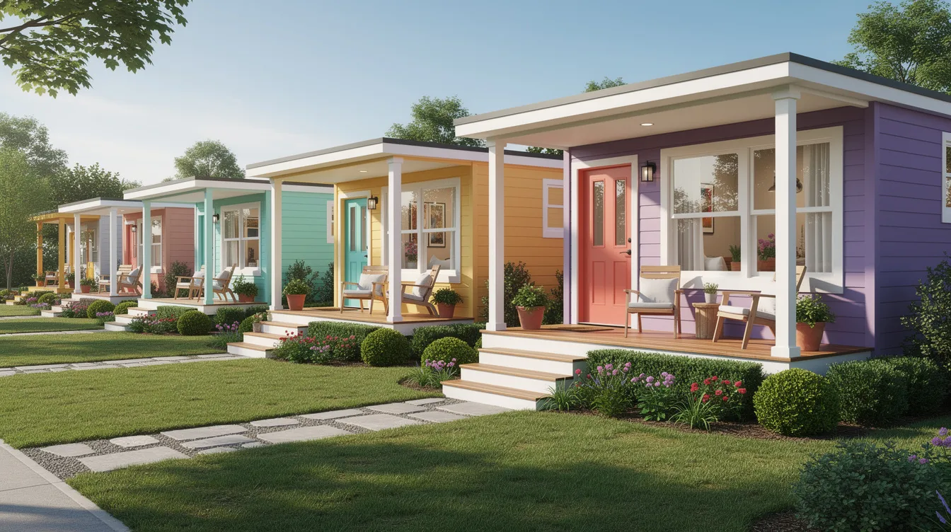 D179a2e003684fc088bf854270c3ddcc A vibrant row of colorful tiny homes stands proudly each featuring small porches and well maintained landscaping creating a cozy retreat in a tiny home community These unique living spaces showcase the possibilities of tiny living offering an affordable and charming lifestyle in Pennsylvania