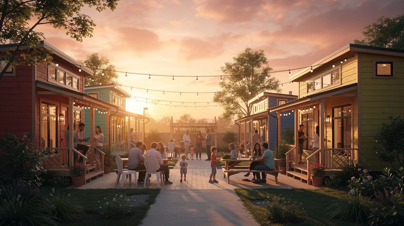 D18b1f2b1c334ea08556697766df1a3e The image showcases a beautiful sunset over a tiny house community where residents gather under glowing string lights creating a warm and inviting atmosphere The tiny home village is surrounded by lush greenery enhancing the sense of community and tranquility in this picturesque setting
