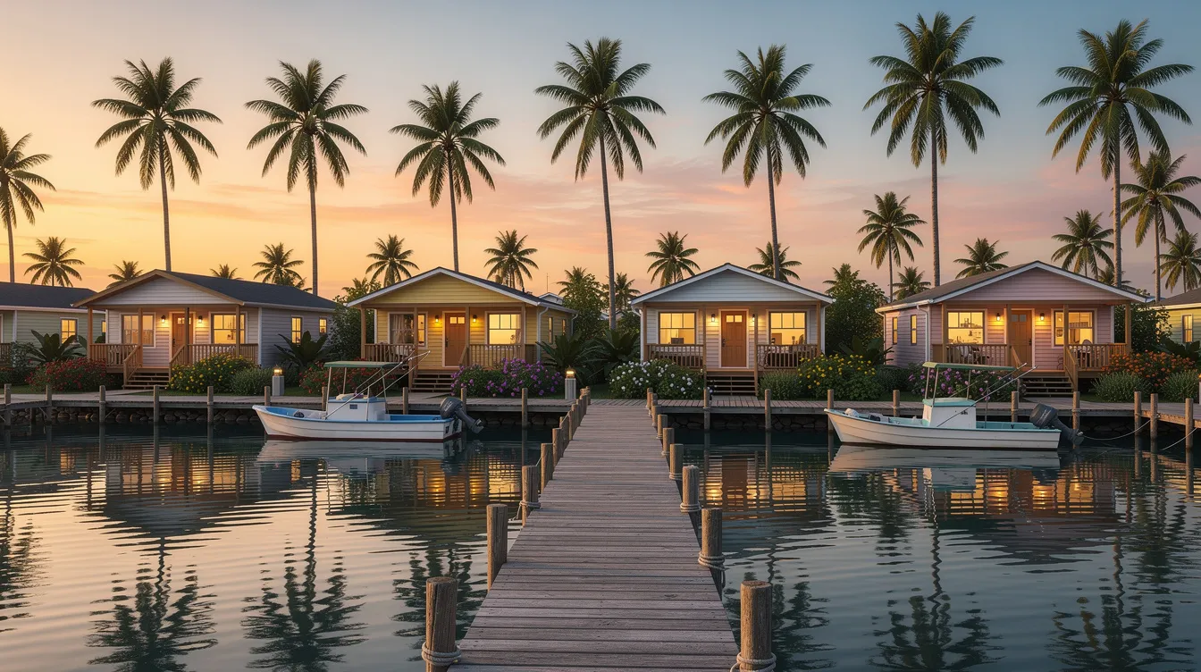 D1a7b92c2bf8484daae99185347e3e28 The image depicts a charming tiny house community in Florida featuring small homes neatly lined up along a serene canal complemented by a fishing pier and lush palm trees This picturesque setting embodies the essence of tiny living offering a unique escape for residents seeking a simple life in a gracious tiny house park