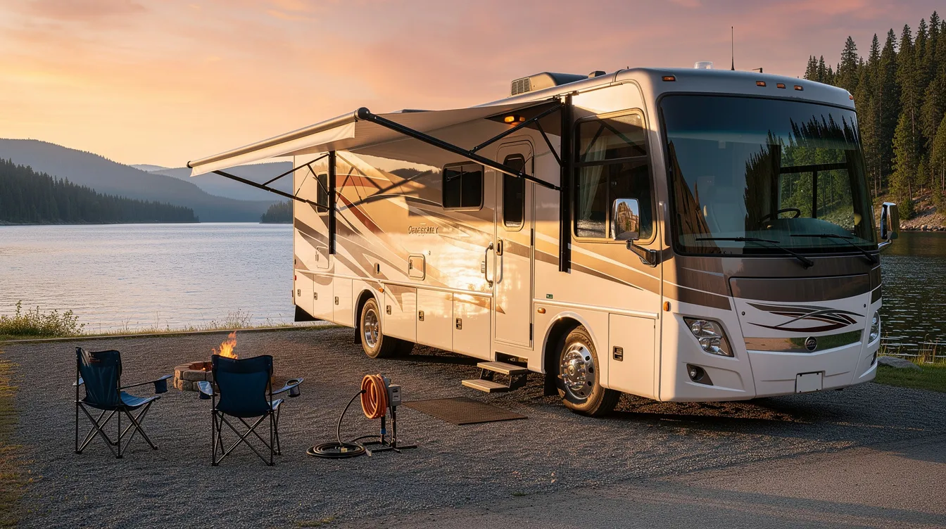 D264b7fe013f44dd9cf02f9fa0b9b683 The image features a recreational vehicle RV parked in a scenic outdoor setting highlighting the mobile lifestyle associated with RV living This visual represents the concept of alternative financing options such as RV loans for those considering the flexibility of living in a mobile home versus traditional mortgages