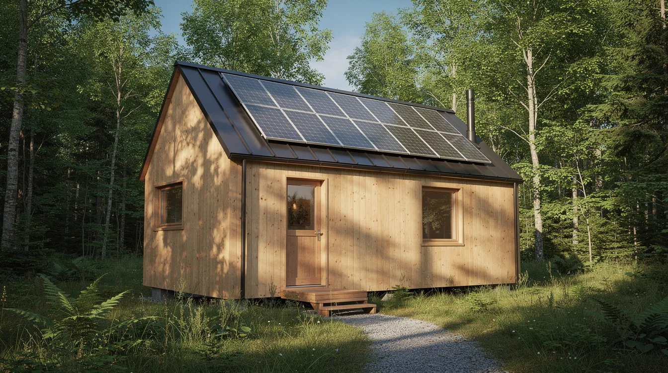 D296cbe9aec441188389275c0123af44 A small wooden tiny house with solar panels on the roof is nestled among trees showcasing a sustainable living environment This tiny home exemplifies energy efficient design utilizing solar power systems for reduced energy costs and minimal carbon footprint