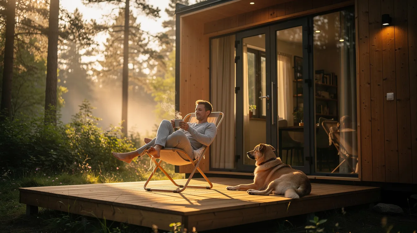 D2e5418772114bc9843139ae3220b3ac A person is relaxing on a deck outside their tiny house enjoying a cup of coffee with a dog by their side This scene captures the essence of tiny house living emphasizing the peaceful lifestyle and connection to nature in such a small space