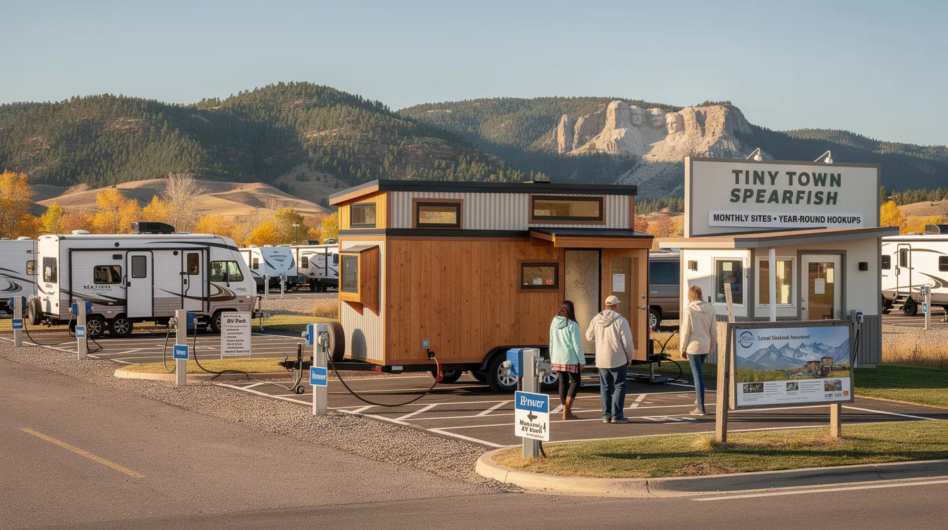 D3dc8a54f00543f183ecde37d4ab637b The image depicts a cozy tiny house on wheels THOW parked at a scenic campground in South Dakota surrounded by trees and open space This location offers full hookups and amenities making it an ideal base for residents seeking a flexible lifestyle while exploring nearby attractions like Mount Rushmore and Badlands National Park