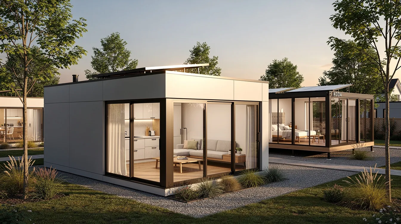 D45aa607e5d44f149d833385bd636f87 The image depicts a modern minimalist prefab home featuring clean lines and oversized windows that allow abundant natural light to flood the open living room This small modern prefab house emphasizes efficiency and contemporary design showcasing a sleek exterior with wood sidings and a spacious interior layout perfect for a primary residence or a cozy retreat