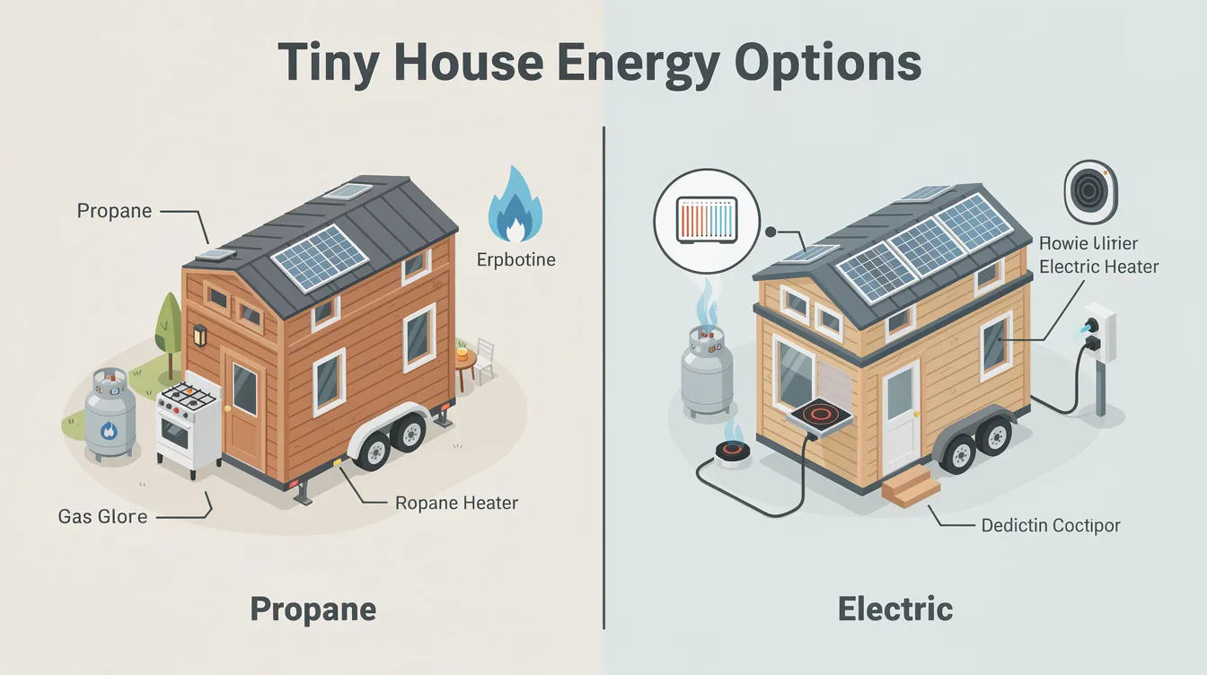 D46cad7b63a648ef8be1537bd447cbdd The image compares heating options for a tiny house showcasing a propane heater and electric heat systems including a wood stove and tankless water heater It highlights the pros and cons of each method emphasizing their efficiency installation costs and suitability for off grid living