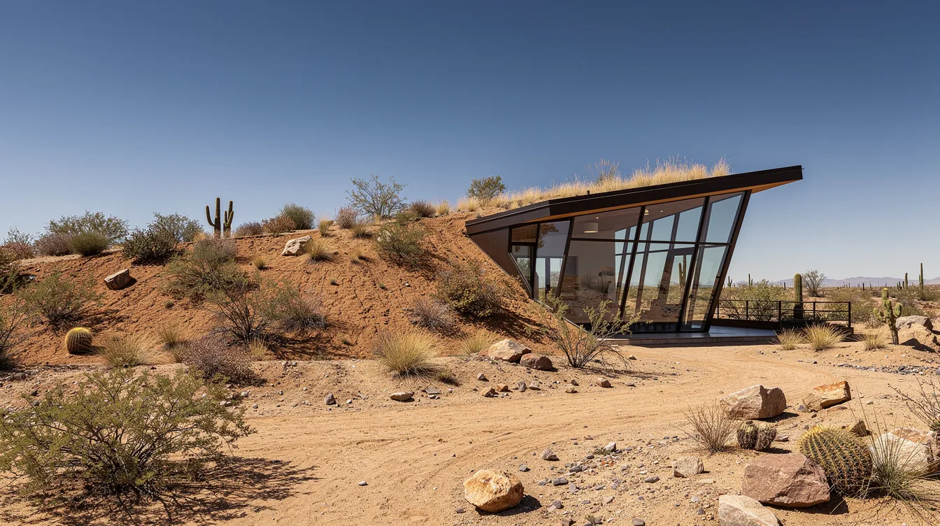 D4fc917b0d6b4269a884ec58aa828e7c The image depicts an earth bermed home designed by Michael Reynolds featuring large angled glass windows that face south allowing abundant natural light into the interior Surrounded by a vast desert landscape this earthship tiny house showcases sustainable living through its use of recycled materials and solar panels emphasizing self sufficiency and energy efficiency