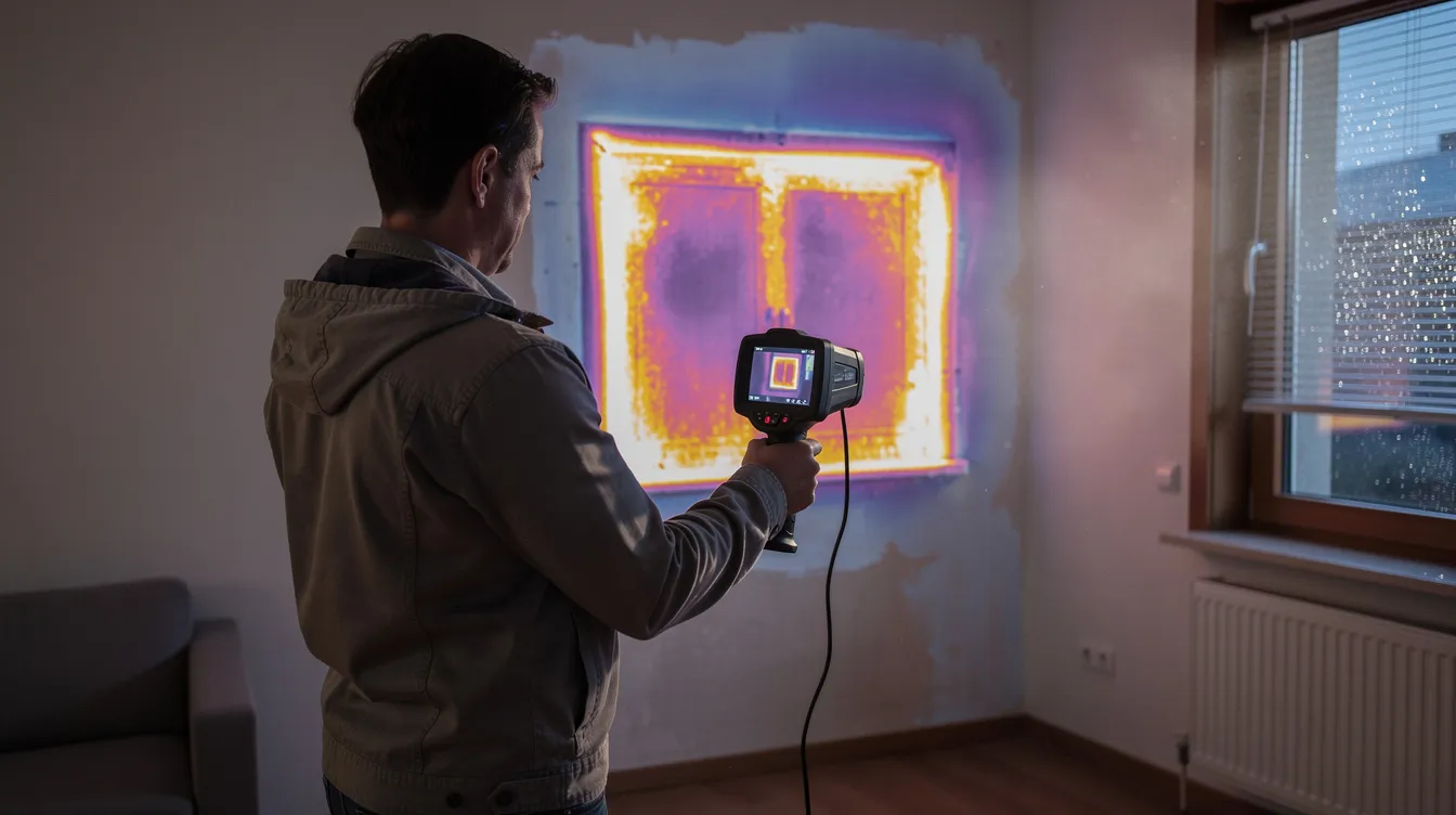 D50fe89cce1a4d3abd86b1d8b3a208cd A person is using a thermal imaging camera to identify heat loss in a wall highlighting areas of air leakage and potential insulation issues which can affect the comfort and energy efficiency of a tiny house The image emphasizes the importance of proper insulation materials such as spray foam and vapor barriers to manage moisture and maintain a warm interior