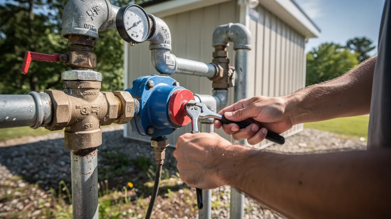 D51239ba27674e94acecd07f9b52cfe0 A person is adjusting components of a rainwater harvesting system including pipes and valves near a tiny house The setup is designed to collect water from the metal roof demonstrating a practical approach to managing fresh water for irrigation and household use