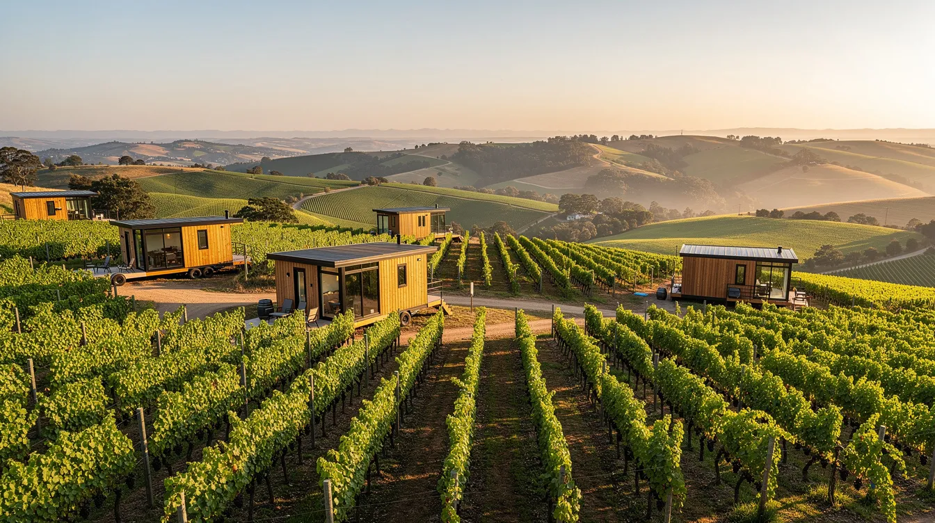 D5a8b2ed5d714694bf87c7b279eb7e19 The image depicts a picturesque tiny home community nestled among rows of lush vineyards in rolling hills showcasing the beauty of tiny living in California Residents enjoy a tranquil lifestyle surrounded by nature with easy access to wine tasting and community events