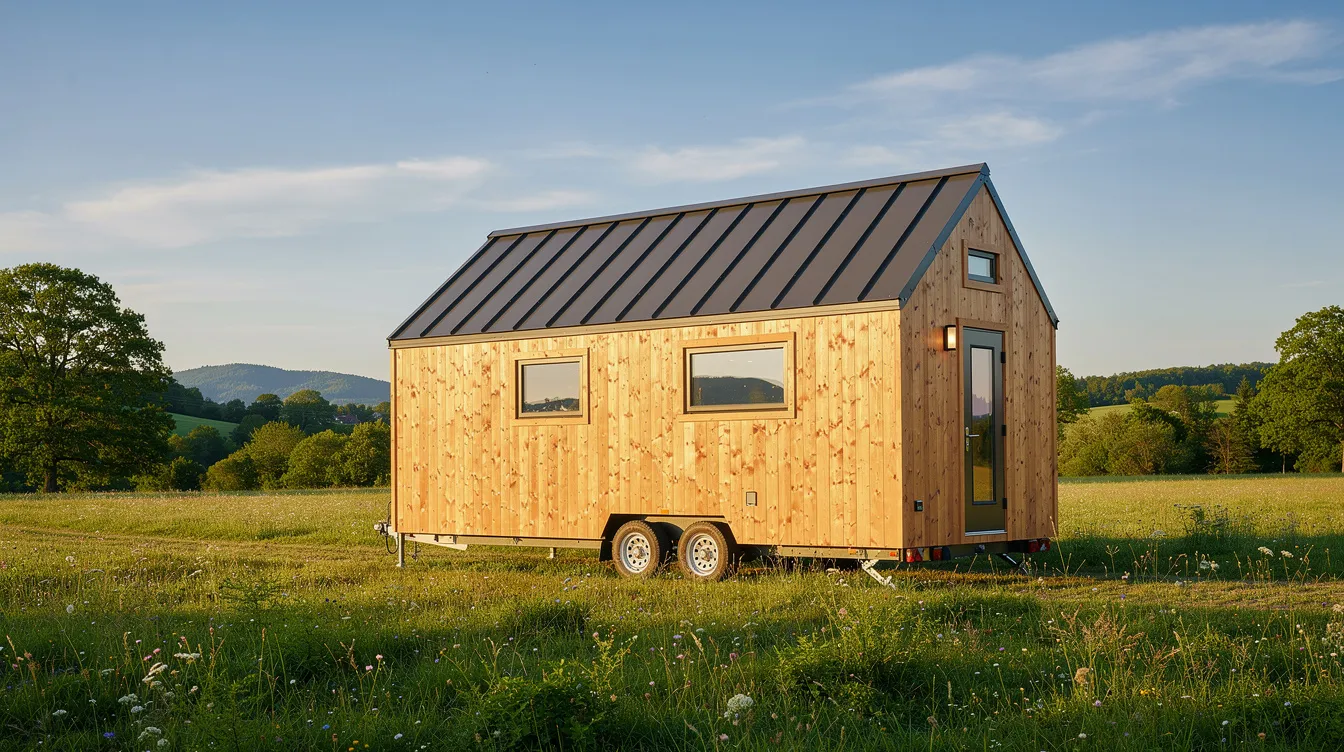 D63f2cee8eb44a1faadfe151703b88bd A small wooden tiny house with a metal roofing sits in a sunny meadow showcasing its well built structure and high quality materials This stationary tiny house represents the minimalist lifestyle emphasizing durability and proper maintenance for long term living