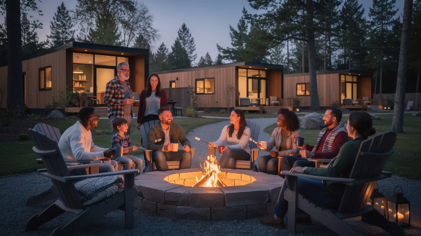 D6d8efca507c4c0398e4c40099dbf179 A group of people is gathered around an outdoor fire pit enjoying each other's company with tiny homes visible in the background, showcasing the charm of tiny house communities in Montana. The scene captures a sense of community and freedom, highlighting the great homes that offer high-quality housing in a picturesque setting.