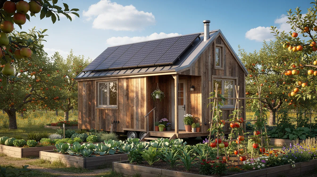 D6dbd0b45f98428d91a74204919a984a A rustic wooden tiny home equipped with solar panels sits amidst lush vegetable gardens and fruit trees showcasing the beauty of tiny living in a serene setting This tiny house community in Kentucky offers a peaceful lifestyle surrounded by nature perfect for those interested in sustainable living