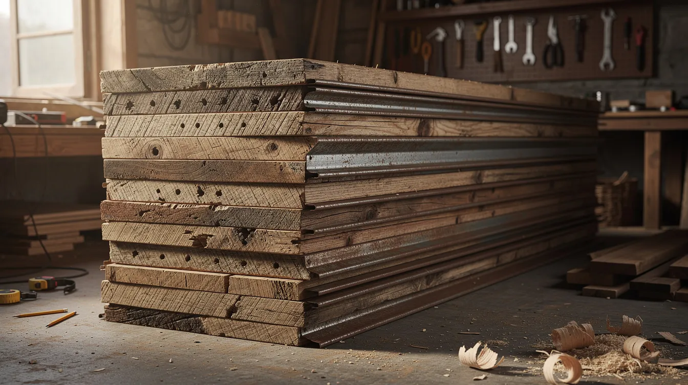 D6de1e7f2c5740ba91ac8ce9243c33da The image shows a stack of reclaimed wooden boards alongside metal roofing materials in a workshop highlighting the use of salvaged materials for building a tiny house on a budget This setting emphasizes the importance of smart material choices and cost saving strategies in the tiny house movement