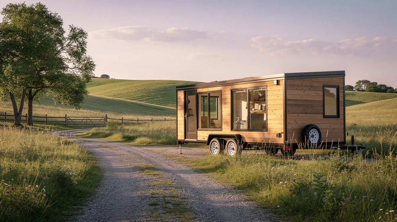 D750eb2c33e94844a6d49438d699d051 A tiny house on wheels is parked in a picturesque rural setting surrounded by lush greenery and open fields showcasing the charm of tiny living This scene embodies the minimalist lifestyle emphasizing quality over quantity and the freedom that comes with downsizing to a smaller home