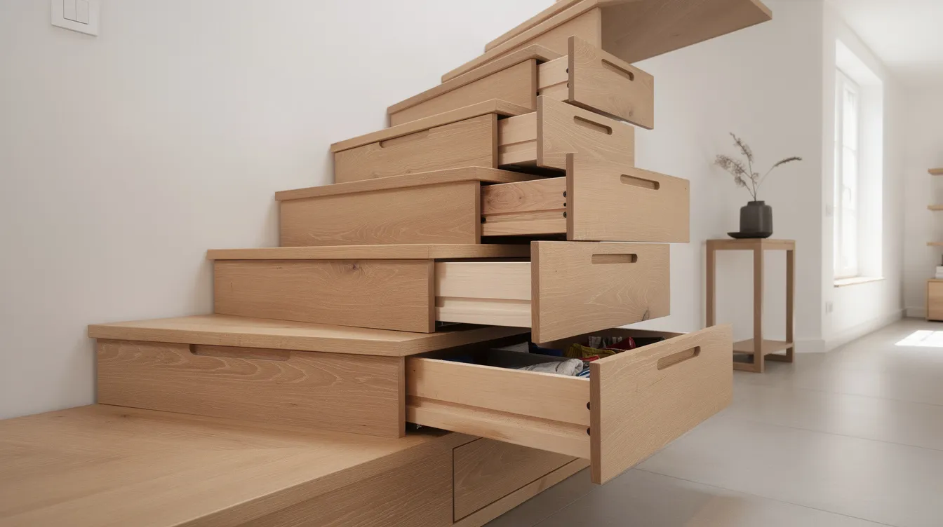 D82bbeca740544a4b3089f2b9ca2e54f A wooden staircase designed for a tiny house features pull out drawers built into each step maximizing storage space while providing easy access to the loft area above This innovative design is perfect for tiny homeowners looking to save space in their living areas