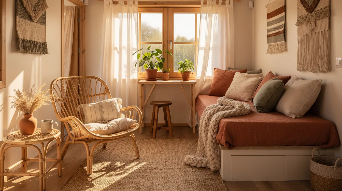 D83f367553a141da8d0aafb4c12b5481 The image showcases a cozy tiny house interior filled with layered textiles and rattan furniture bathed in natural light that filters through sheer curtains This boho style space features warm colors and inviting textures creating a serene atmosphere for relaxation and escape