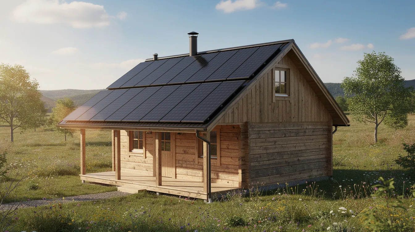 D907ba5b3a9c4991b8dde2ae45f83343 The image features solar panels installed on the roof of a small wooden cabin commonly referred to as a tiny house situated in a picturesque rural setting This setup highlights the growing trend of tiny home living which often encourages sustainable energy solutions