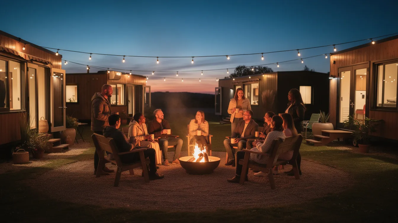 D97f694c5c9a46518d97588a00bbc067 A group of friends gathers around a cozy fire pit surrounded by tiny homes in a tiny house community with string lights illuminating the quiet surroundings at dusk The scene captures the essence of community events and outdoor living showcasing the natural beauty of Kentucky's tiny living lifestyle.