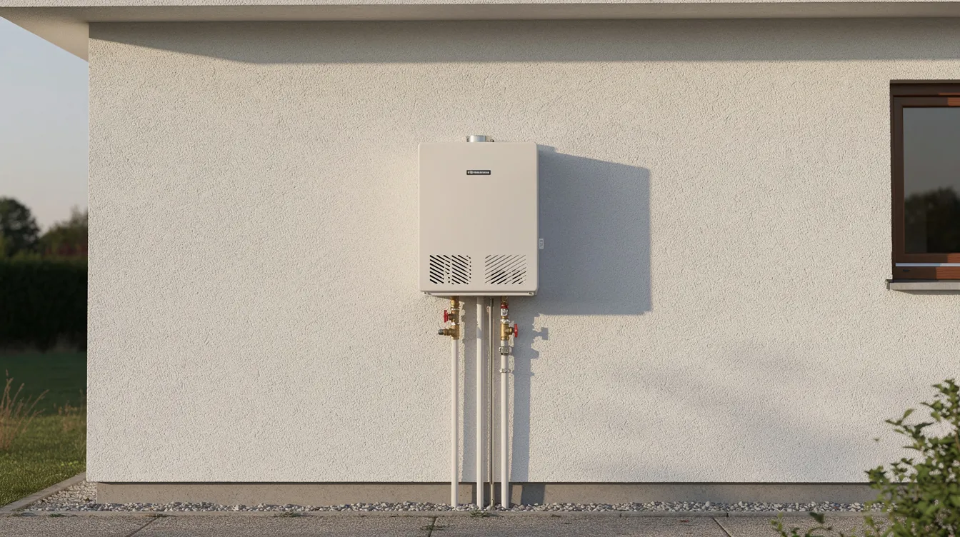 D9e74337a5074538a523b8be1d06dd97 An outdoor tankless water heater is mounted on the exterior wall of a small building designed to provide instant hot water for tiny house living This space saving unit is ideal for off grid living ensuring endless hot water for outdoor showers and everyday use while minimizing energy consumption