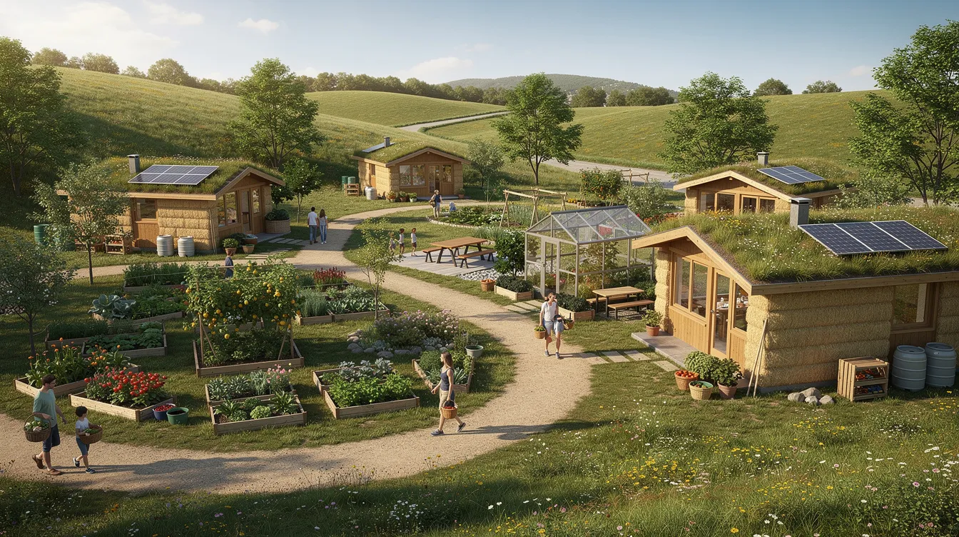 Db0a8ea2651242ad9be63dc04d4c01d7 The image depicts an eco village nestled in the scenic Blue Ridge Mountains featuring charming tiny homes surrounded by lush organic gardens and winding walking trails Residents enjoy a communal lifestyle with amenities like a swimming pool and river access for fishing and relaxation