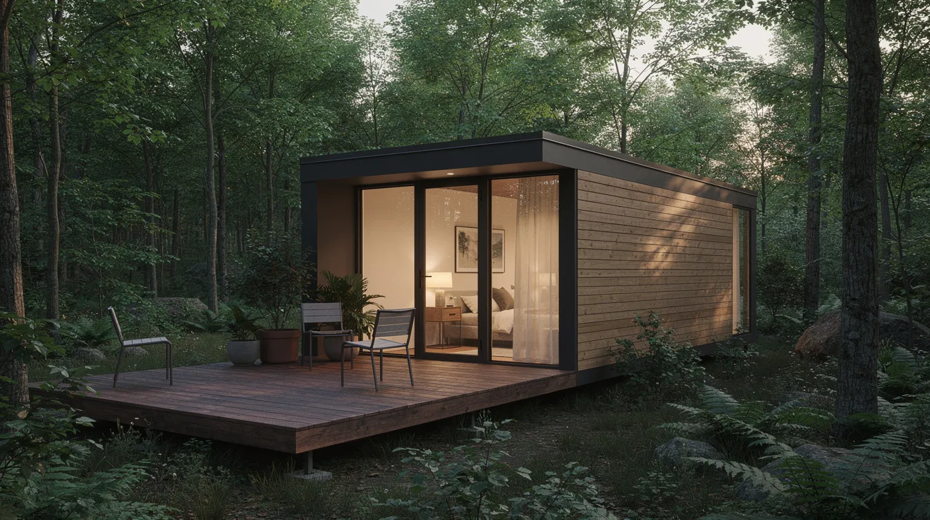 Db8f789a525f44f9a7dddd6e7be63778 A modern tiny house featuring large windows and a wooden deck is nestled among lush trees embodying the essence of tiny living This residence offers a serene atmosphere perfect for those seeking a unique home in a community that embraces the Jersey shore feel