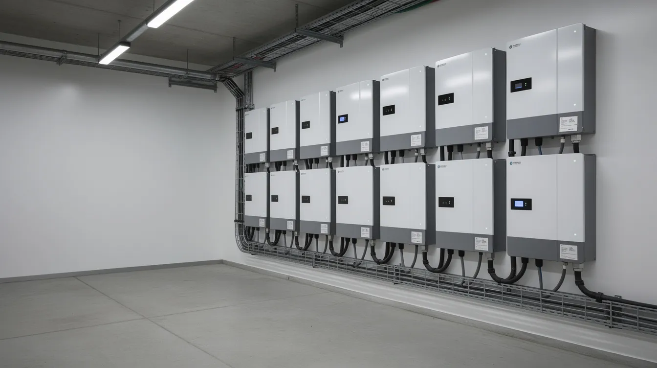 Dc79a2f073cf4232b57cc29f0a5b4add The image depicts a utility space featuring wall mounted lithium battery modules part of an off grid solar system designed for efficient energy storage These battery banks are essential for off grid living providing backup power and supporting various solar power systems