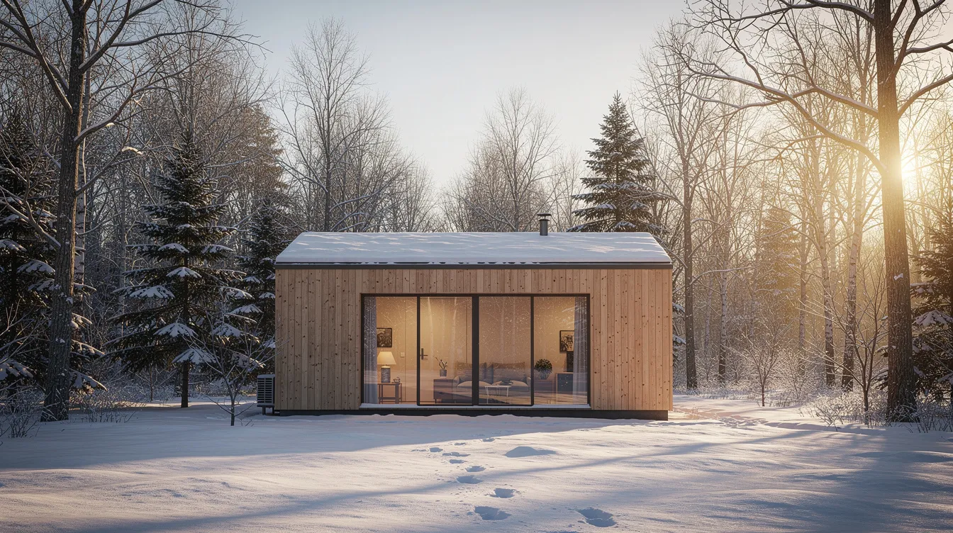 Ddb576cb14344a0894a46d1aa18cf13e A small wooden tiny house featuring large south facing windows is nestled among trees in a winter landscape illuminated by the low angle of the sun This passive solar house design maximizes natural light and energy efficiency showcasing sustainable living principles