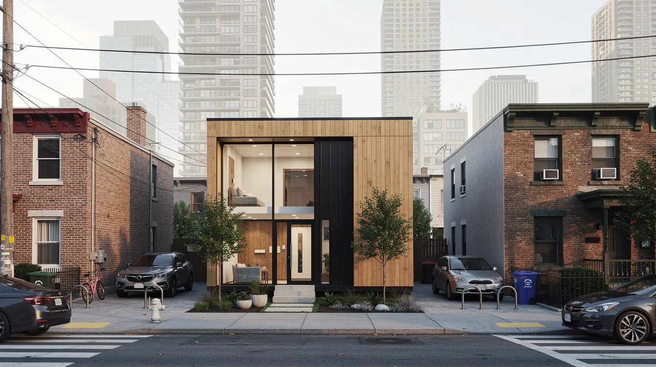 Dde3d62d484a4b2c89279d68910d798b The image depicts a modern tiny house exterior situated in an urban neighborhood with sleek design elements and large windows while city buildings loom in the background This tiny home community in Illinois highlights the blend of tiny house living with urban amenities creating a unique living space for residents