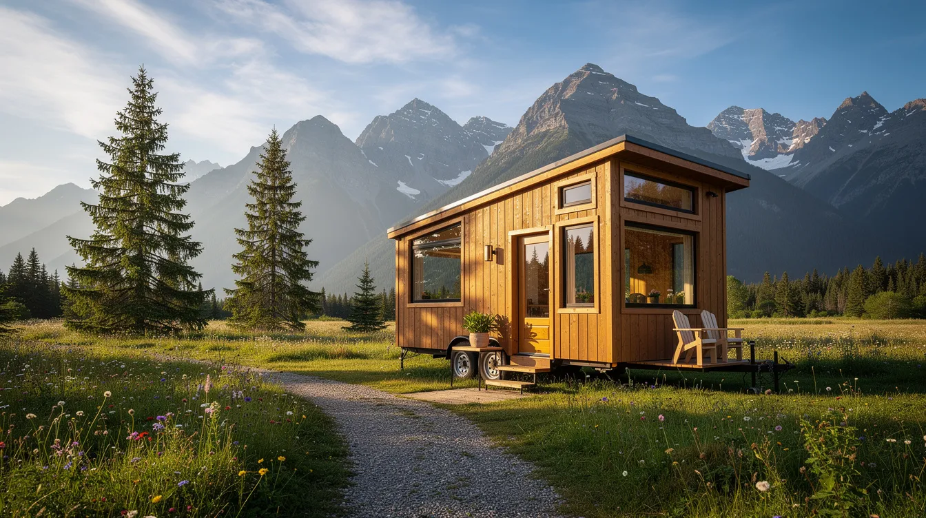De0d0170b8594574ba518102b665c574 A tiny house on wheels is parked in a picturesque nature setting surrounded by majestic mountains showcasing the beauty of tiny living This small house offers a perfect retreat for families allowing them to enjoy fresh air and the simplicity of life in a scenic environment