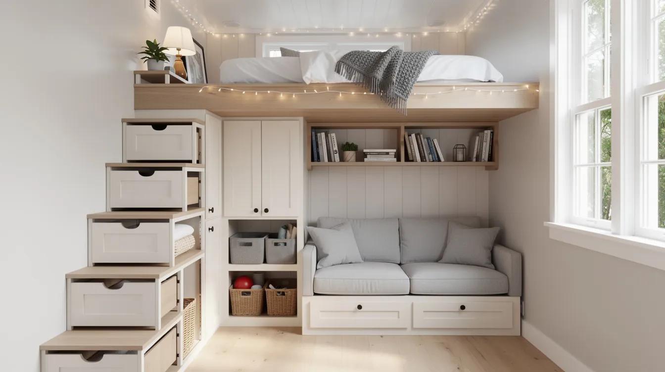 Decac845decc4aa4b8ef9cdae9f82788 The image depicts the interior of a tiny house featuring a lofted bed area above a compact living space showcasing built in storage solutions that maximize floor space and vertical space This design exemplifies the principles of tiny house living emphasizing efficient use of space and smart material choices for an affordable tiny home