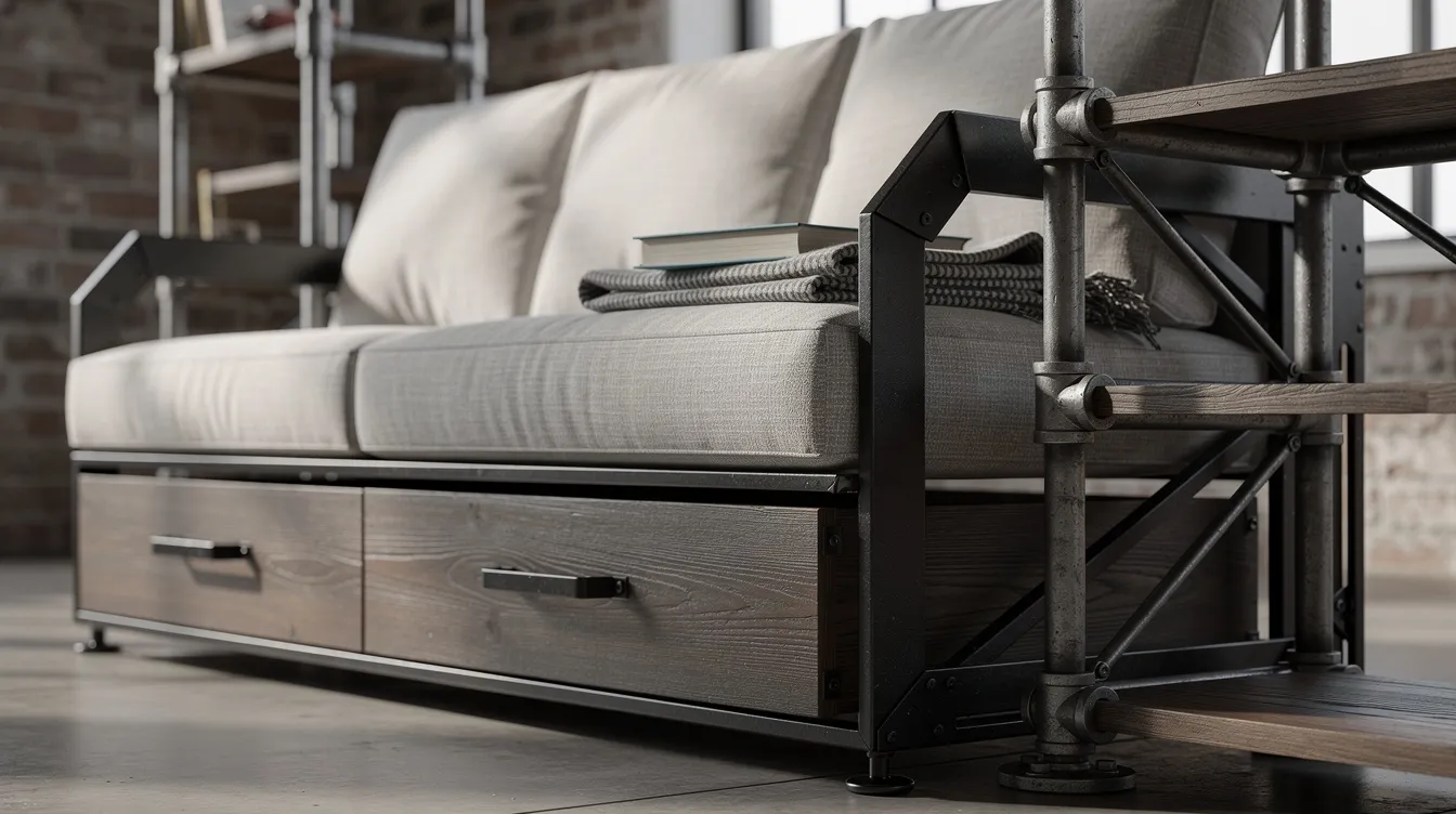 Df0556126b9f4893a2abc477d68273bd The image features a close up of industrial multi functional furniture showcasing a steel framed sofa equipped with storage drawers and metal pipe shelving This design exemplifies the principles of tiny house living maximizing space and functionality in limited living areas