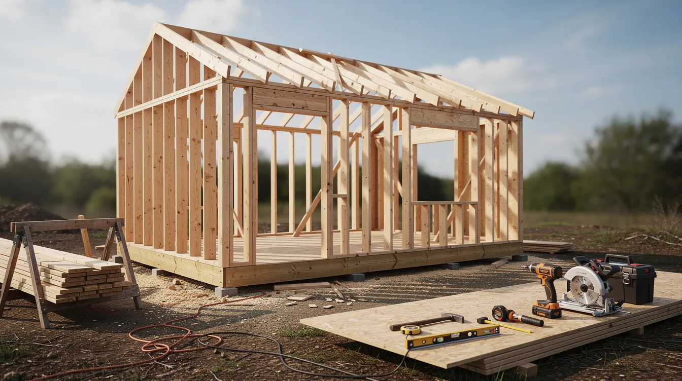 Df80e2e00d844d19a0c8a9ac1d7a636b The image depicts a tiny home wooden frame under construction showcasing various tools scattered around the site highlighting the initial phase of the tiny home build This stage of the building project emphasizes the importance of adhering to local building codes and preparing for the entire construction timeline