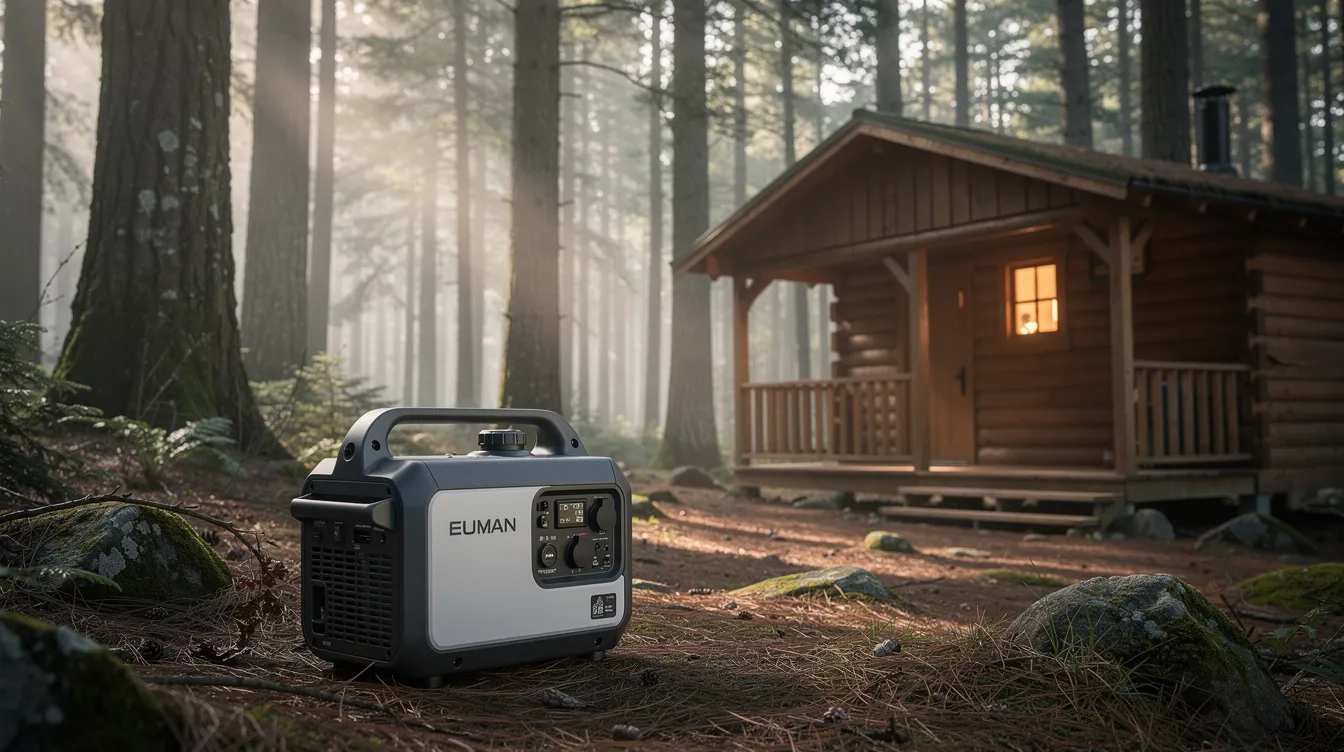 Dfd6de10f4ac4bed9951b925086307ce The image features a compact portable generator positioned next to a small wooden cabin nestled in a serene forest setting showcasing a reliable power solution for off grid living This setup highlights the convenience of using a portable power station perfect for powering essential appliances in a tiny house