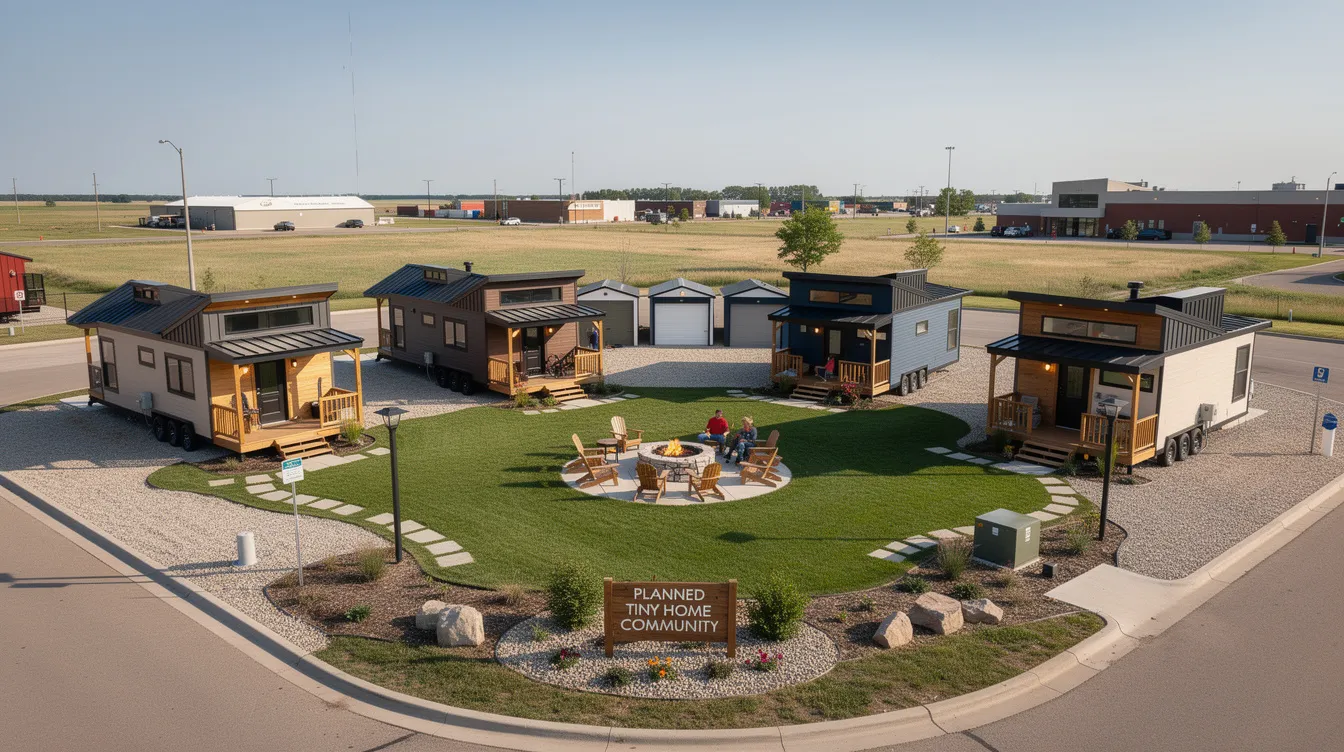 E1d55fa2f3a1449387cd4397c1baa440 The image depicts a proposed tiny home community in Grand Forks North Dakota showcasing four tiny houses arranged around a shared communal space with a fire pit This planned development emphasizes the cozy lifestyle of tiny living reflecting the state's growing interest in alternative housing options.