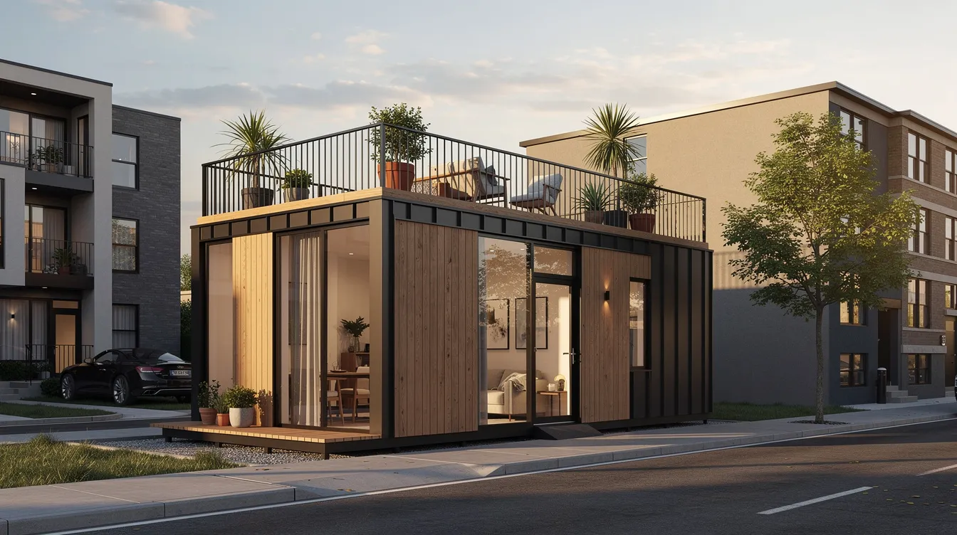 E1ddb62d4ae542ff9b3e924ef37f668f A modern tiny home featuring a sleek exterior design and a rooftop deck is set against an urban backdrop showcasing the appeal of tiny living in cities like Kansas City This custom tiny house emphasizes efficient use of space and eco friendly features making it an ideal choice for full time living in a vibrant community