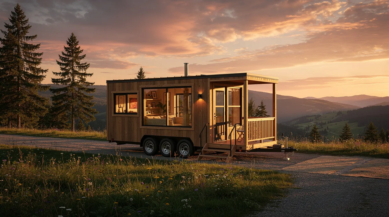 E2a89bc0f8b54630a03ee90f04efc3d5 A tiny house on wheels is parked in a picturesque outdoor setting bathed in the warm hues of sunset This stylish small home embodies the concept of affordable housing and sustainable living featuring solar panels that promote a more sustainable life