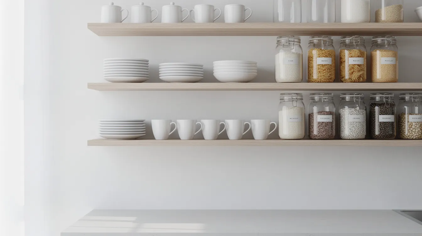 E2acfcc68cf340d386634de893bf69f7 The image showcases a minimalist tiny house kitchen featuring open shelves that display neatly arranged white dishes and glass jars maximizing wall space and creating an airy feel Natural light floods the small space enhancing the efficient use of vertical space and providing easy access to kitchen essentials