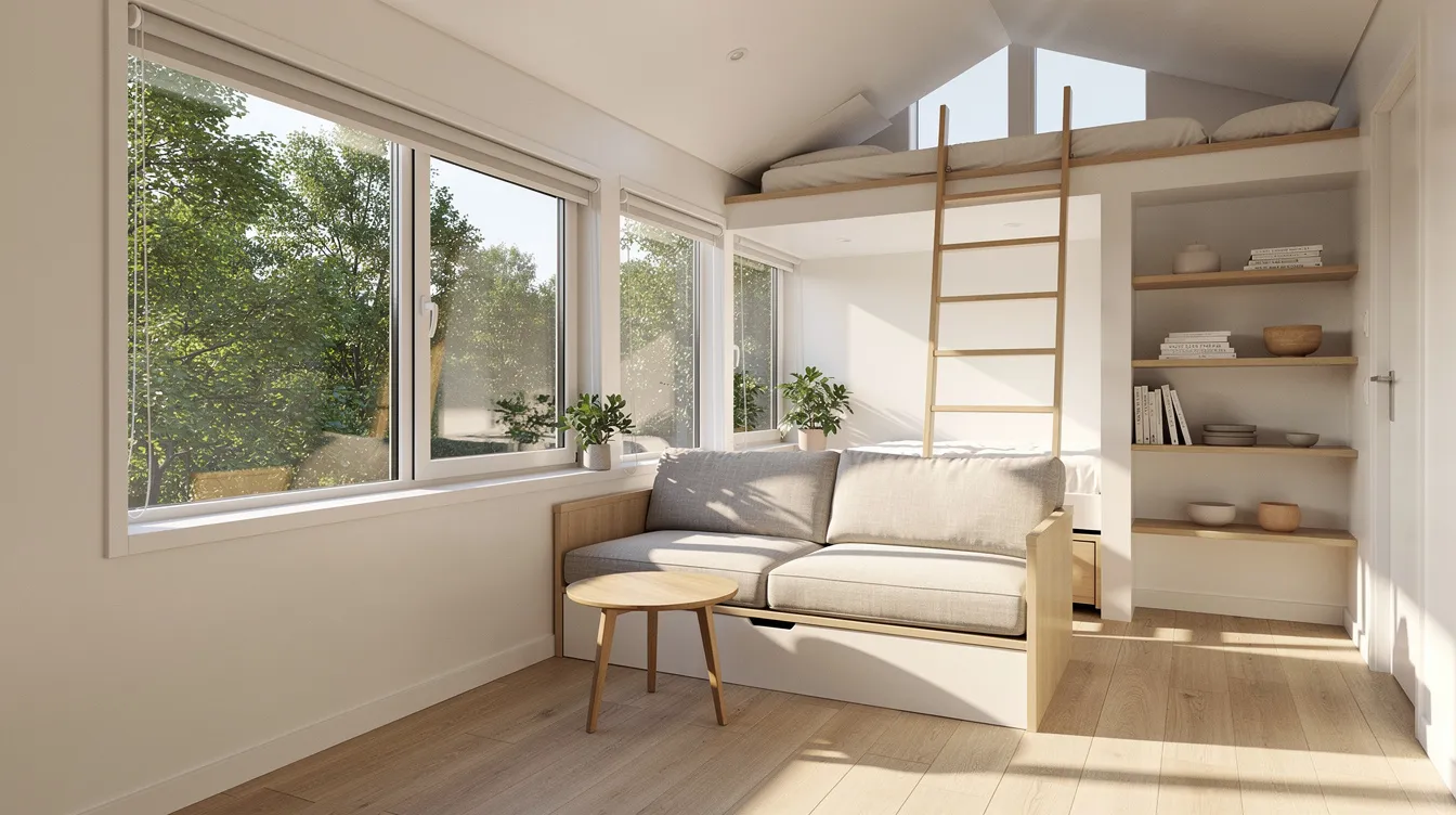 E318260063cd4c5eb893846c5023f4ed The image showcases a sunlit tiny house interior featuring floor to ceiling windows and white walls creating an airy atmosphere filled with natural light The design emphasizes vertical space and efficient use of square footage with a cozy living area a dining table and hidden storage solutions that exemplify tiny house living