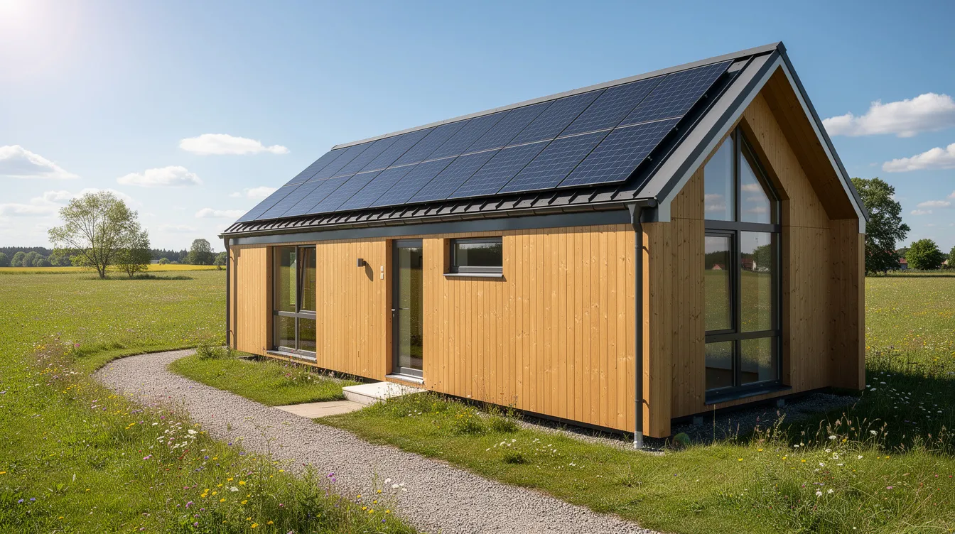 E32669ce1e774ad1bfd8dc10827cf543 The image depicts a modern tiny house with solar panels installed on its roof set against a sunny backdrop of rural areas This energy efficient dwelling showcases the benefits of tiny living offering a comfortable and cost effective housing option in a small space