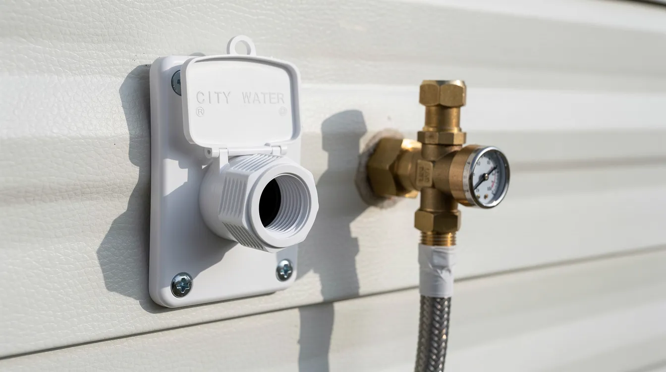 E4176958f99e4e5fad300f93a4de25c3 The image shows an RV style water inlet and pressure regulator mounted on an exterior wall essential components of a tiny house plumbing system This setup allows for efficient water supply and management crucial for features like kitchen and bathroom sinks in a tiny home