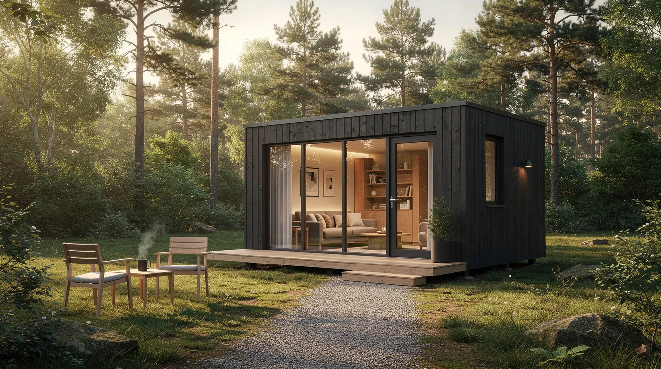 E42693cd5e0b495dadf6f9462640db99 The image depicts a charming tiny house nestled in a serene location showcasing the essence of the tiny house lifestyle Surrounded by nature this compact home emphasizes minimal living offering a cozy alternative to traditional houses while promoting financial freedom through reduced costs and less space